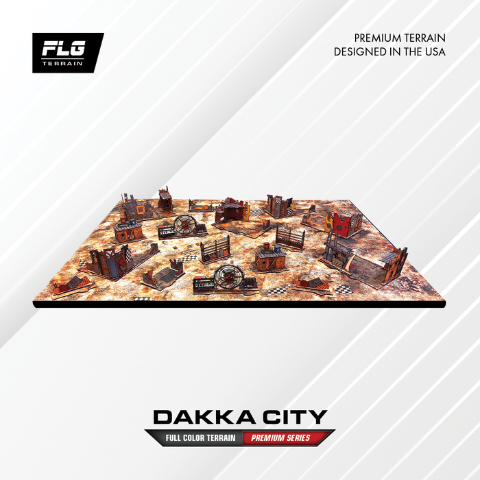 FLG Dakka City Premium full color 40k terrain set for 11th Edition on a tabletop battlefield