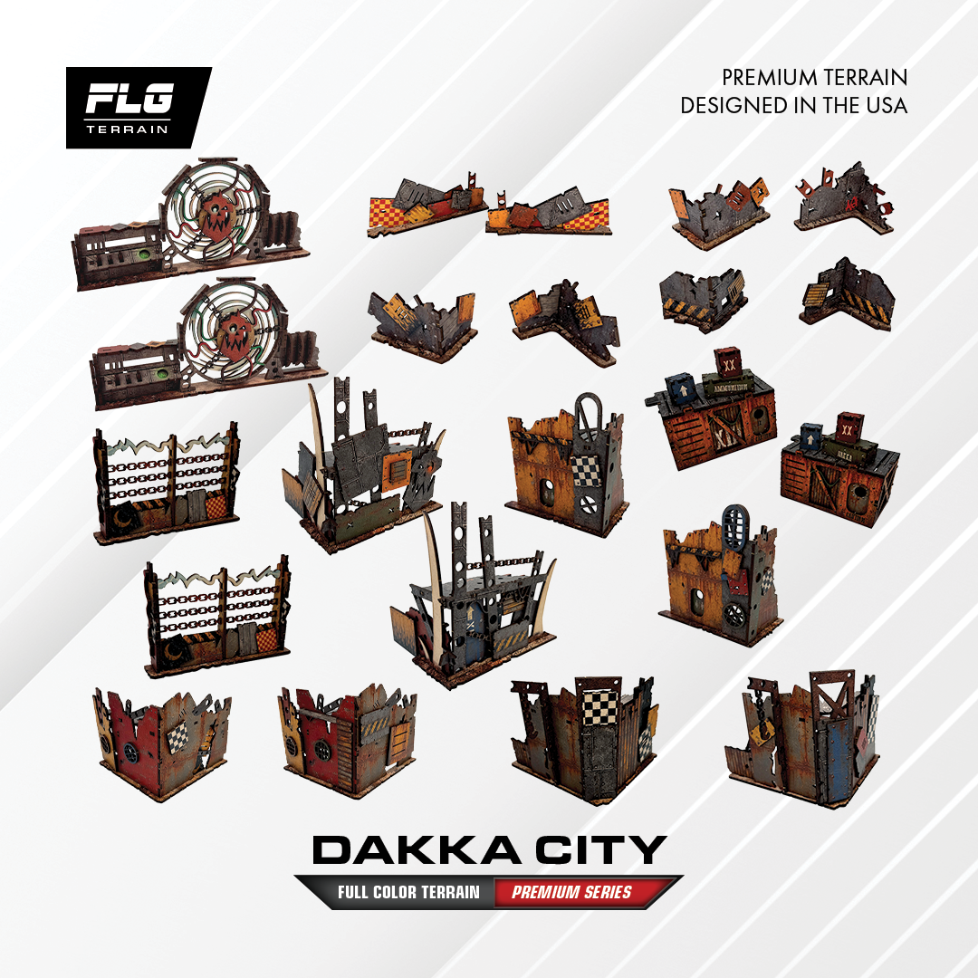 Dakka City Premium Series terrain pieces and extra components for customizable MDF buildings