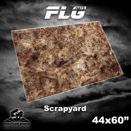 Angled view of a rectangular Scrapyard gaming mat with mottled rusty brown, gray and tan ground textures and scattered black-and-white checkerboard markings. The graphic reads “FLG MATS,” “Scrapyard” and “44x60”.