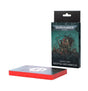 Adeptus Mechanicus datasheet cards shown with a thick stack lying flat, its card edges bright red, beside the upright dark teal hanging package featuring Warhammer 40,000 artwork. The package reads “WARHAMMER 40,000,” “DATASHEET CARDS,” and “ADEPTUS MECHANICUS.”