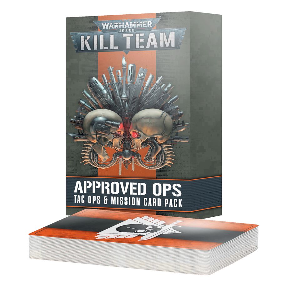 A dark gray and orange Kill Team card pack box stands behind a thick stack of black, orange, and white cards, with a skull-and-weapons graphic on the box and skull artwork on the top card. The box reads “WARHAMMER 40,000,” “KILL TEAM,” and “APPROVED OPS: TAC OPS & MISSION CARD PACK.”