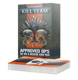 A dark gray and orange Kill Team card pack box stands behind a thick stack of black, orange, and white cards, with a skull-and-weapons graphic on the box and skull artwork on the top card. The box reads “WARHAMMER 40,000,” “KILL TEAM,” and “APPROVED OPS: TAC OPS & MISSION CARD PACK.”