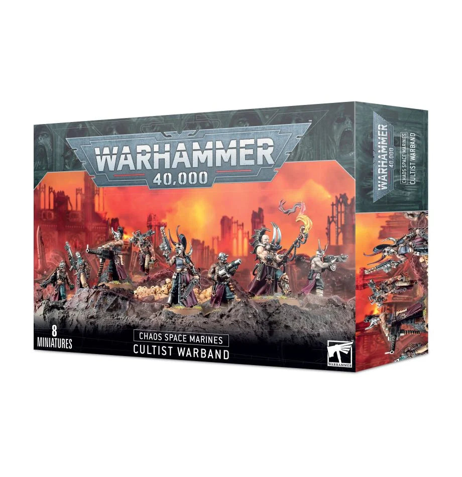 Box for a Warhammer 40,000 cultist miniature set, shown from the front and right side. The front depicts armed figures across a rocky battlefield under an orange-red sky and reads “WARHAMMER 40,000,” “CHAOS SPACE MARINES CULTIST WARBAND,” and “8 MINIATURES.”