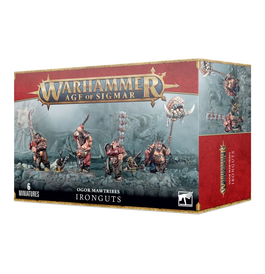 Warhammer Age of Sigmar Ironguts miniature set box shown from the front and right side, with red, blue-gray and gold packaging and artwork of armored ogre warriors carrying large weapons. Text reads “WARHAMMER AGE OF SIGMAR,” “OGOR MAWTRIBES IRONGUTS” and “6 MINIATURES.”