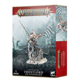Box for an Ogor Mawtribes Frostlord on Stonehorn miniature, showing an armored rider with a spear atop a tusked, horned beast on rocky ground; the narrow side panel repeats the artwork. The box reads “WARHAMMER AGE OF SIGMAR” and “FROSTLORD ON STONEHORN.”