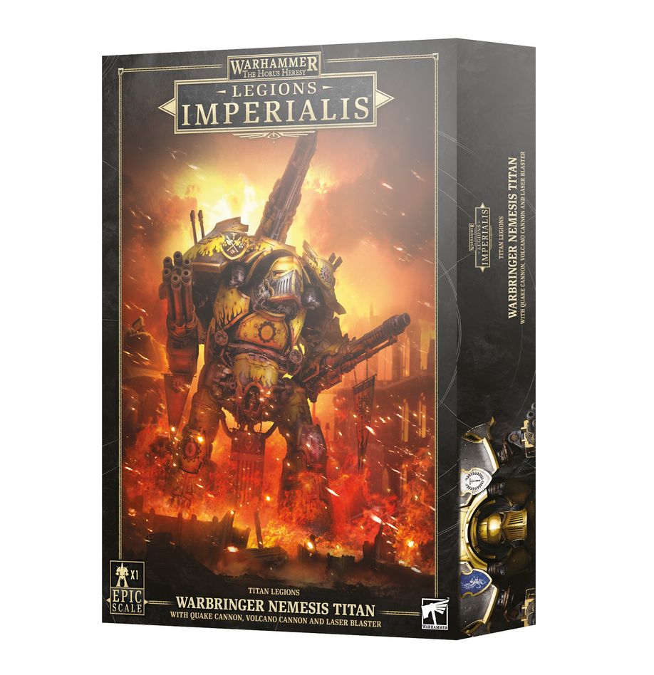 Black Warhammer miniature box showing a gold-armored Warbringer Titan with large guns amid flames and a battlefield. The front reads “WARHAMMER THE HORUS HERESY,” “LEGIONS IMPERIALIS” and “WARBRINGER NEMESIS TITAN”; part of the box side is visible.