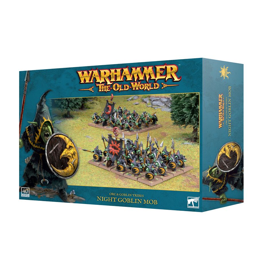 Teal-blue box for Night Goblin Mob miniatures, shown from the front and right side. The front depicts ranks of green goblins in dark hoods with spears, shields and banners, beside a large goblin illustration; it reads “WARHAMMER THE OLD WORLD” and “NIGHT GOBLIN MOB.”