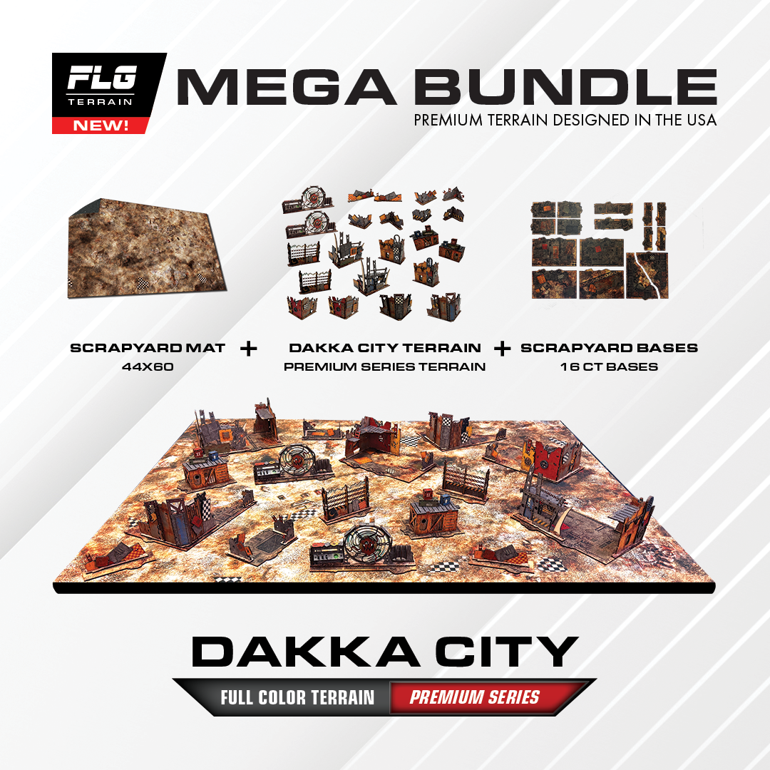 FLG Dakka City MEGA Bundle with Premium Series terrain, Scrapyard gaming mat, and MDF bases