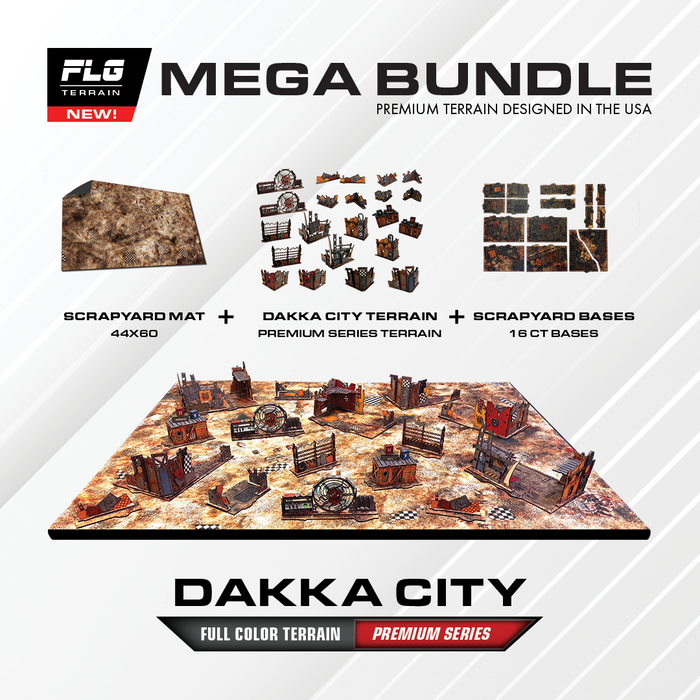 FLG Dakka City MEGA Bundle: Premium 40k terrain, 44x60 Scrapyard gaming mat and 16 Scrapyard MDF bases
