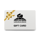 A light gray rounded-rectangle gift card with a gold ribbon and bow at the upper left, and a black tabletop gaming die logo above the text “FRONTLINE GAMING” and “CHAMPIONS OF TABLETOP”; “GIFT CARD” appears prominently below.