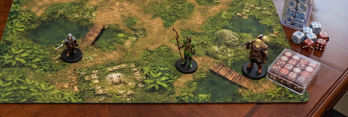 Image of a tabletop terrain map with dice and figurines.