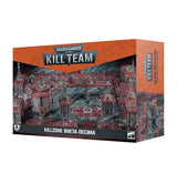 Box for Kill Zone: Bheta-Decima terrain, shown from the front and right side. The orange-red packaging features artwork of a dense gray industrial battlefield with red gantries and platforms, and the text “KILL TEAM” and “KILLZONE BHETA-DECIMA.”