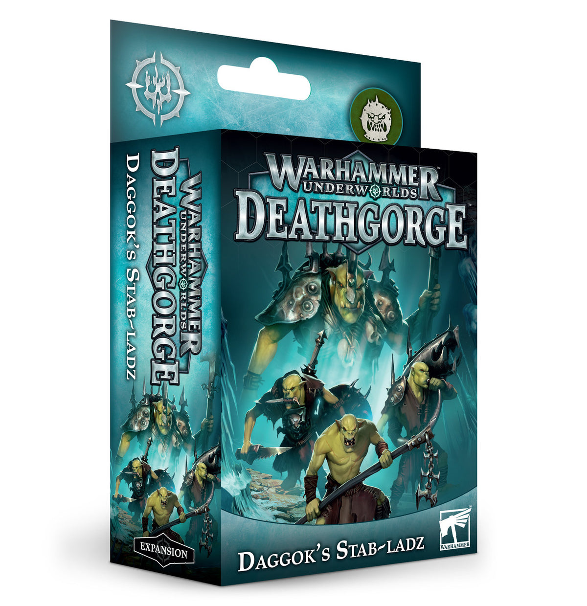 Teal-and-black Warhammer Underworlds expansion box shown at an angle, with artwork of green-skinned fighters carrying weapons on the front and side. The box reads “WARHAMMER UNDERWORLDS,” “DEATHGORGE,” and “DAGGOK’S STAB-LADZ.”
