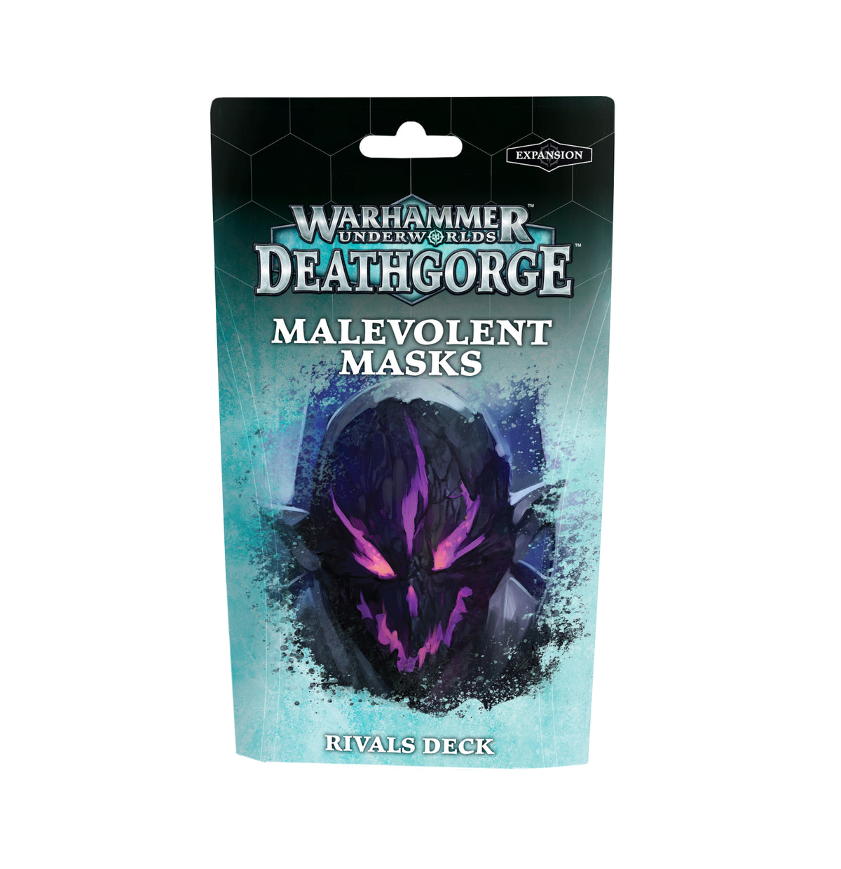 Front of the Malevolent Masks Rivals Deck package, with a black and teal icy-patterned background and an ominous black mask with vivid purple details. The lettering reads “WARHAMMER UNDERWORLDS DEATHGORGE,” “MALEVOLENT MASKS,” and “RIVALS DECK.”