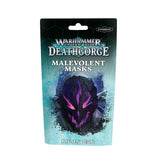 Front of the Malevolent Masks Rivals Deck package, with a black and teal icy-patterned background and an ominous black mask with vivid purple details. The lettering reads “WARHAMMER UNDERWORLDS DEATHGORGE,” “MALEVOLENT MASKS,” and “RIVALS DECK.”