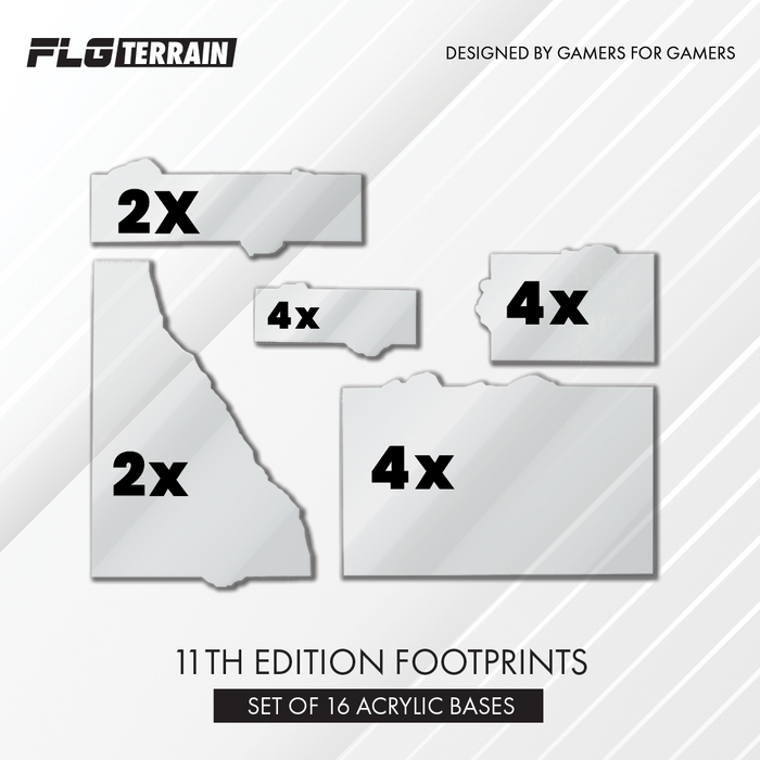 Contents of FLG 11th Edition clear acrylic 40k terrain bases: 16 footprints in five sizes