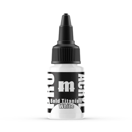 A small white paint bottle stands upright against a black background, with a pointed black nozzle and ribbed cap. Its black-and-white label reads “Bold Titanium White,” with oversized lettering partly wrapped around the sides.