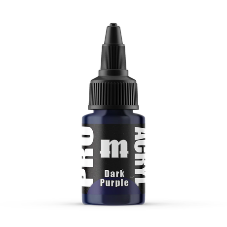 Front view of a small paint dropper bottle with a black ribbed cap and pointed nozzle, filled with dark purple paint. The black label shows a white lowercase "m" logo above the words "Dark Purple", with vertical white lettering "PRO" and "ACRYL" on the sides, on a white background.