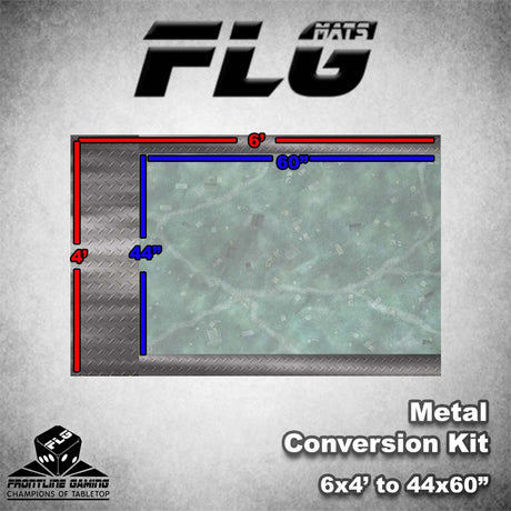A diagram of the Metal Conversion Kit shows a muted green-gray play area with a gray diamond-plate border, marked in red as 6' by 4' and in blue as 60" by 44". The graphic includes the logos “FLG Mats” and “Frontline Gaming.”