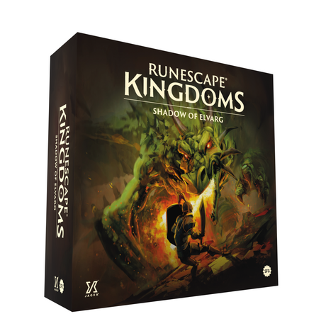 RuneScape Kingdoms: Shadow of Elvarg board game box shown at an angle, front and spine visible. Cover art depicts a green red-eyed dragon breathing fire at a small armored knight with shield and sword. Cream lettering reads "RUNESCAPE KINGDOMS" and "SHADOW OF ELVARG", with "JAGEX" and "SFG" logos.