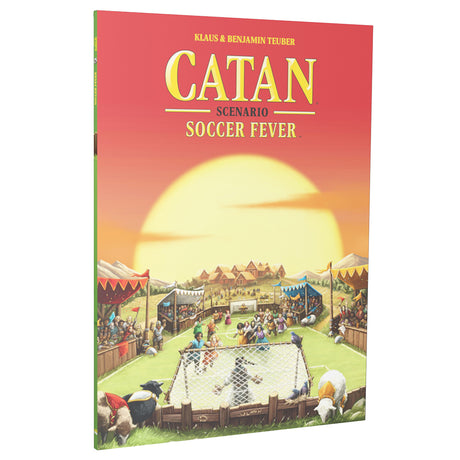 Front of the CATAN: Soccer Fever board game box, with a red-to-orange sunset sky above a soccer match, cheering spectators, village rooftops and sheep near the field. The cover reads “CATAN” and “SOCCER FEVER.”