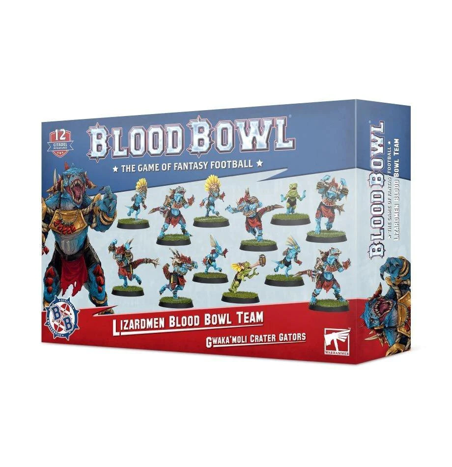 Blue, white and red Blood Bowl team box shown from the front and right side, with artwork of blue and red reptilian football miniatures in varied poses. The box reads “BLOOD BOWL,” “LIZARDMEN BLOOD BOWL TEAM” and “GWAKA'MOLI CRATER GATORS.”