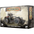 Box front and right side for a Necromunda miniature set. The front shows a dark gray, six-wheeled armored vehicle with mounted gun and figures against a dusty wasteland scene, with “NECROMUNDA” and “PALANITE ENFORCER TAUROS VENATOR”; the side repeats the title and vehicle artwork.