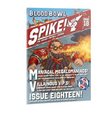 Angled front cover of a Blood Bowl fantasy football journal, featuring a bearded, goggle-wearing dwarf in red armor amid flames. The cover reads “BLOOD BOWL,” “SPIKE!” and “ISSUE 18.”