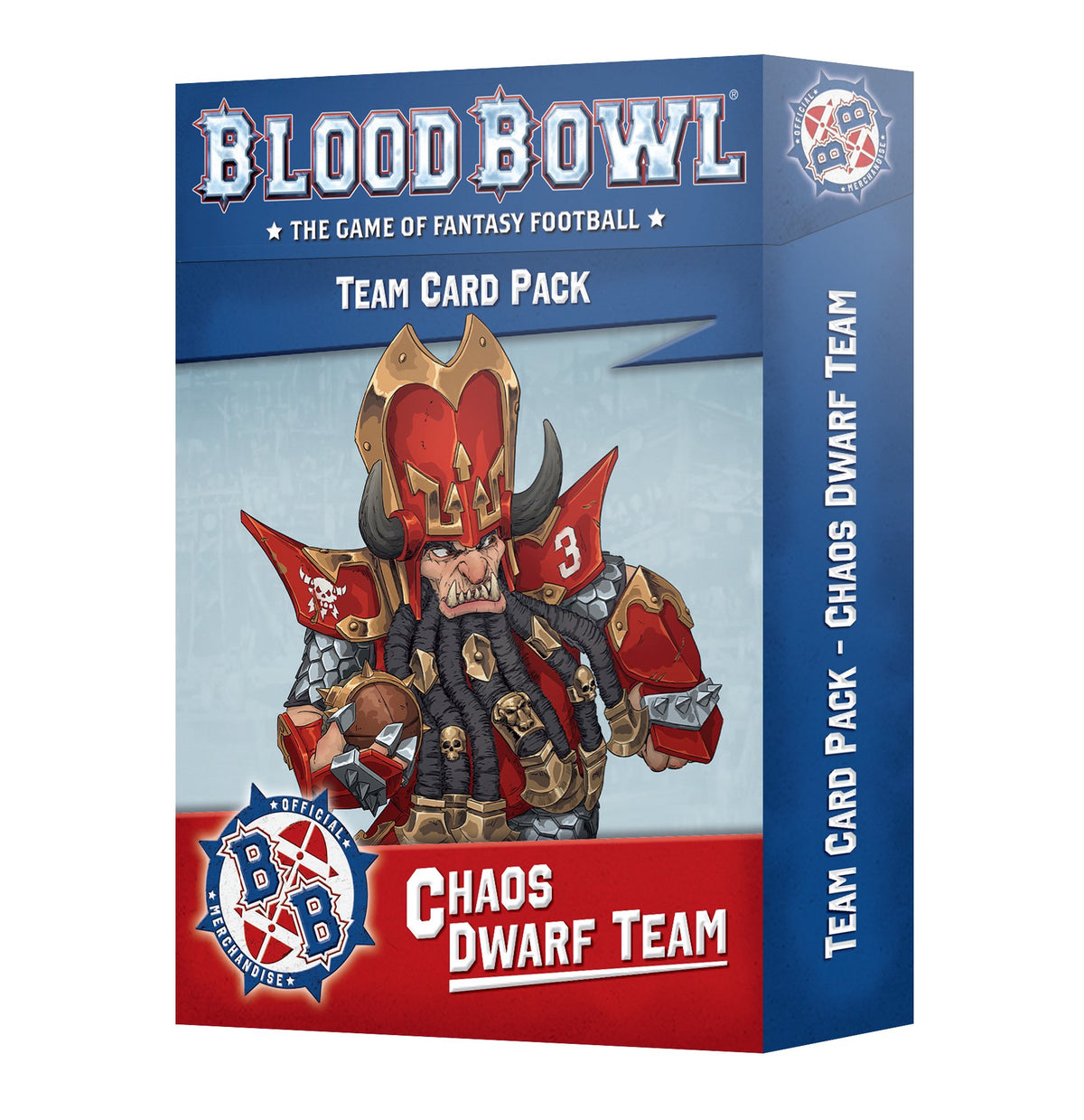Blue-and-red Blood Bowl Team Card Pack box shown at an angle with the front and right side visible. The front features a horned, heavily armored dwarf in red and gray and reads “BLOOD BOWL,” “TEAM CARD PACK,” and “CHAOS DWARF TEAM.”