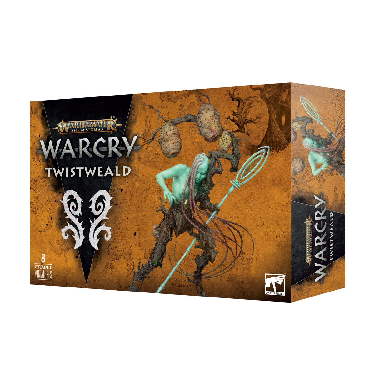 Warcry: The Twistweald game box shown from the front and right side, with orange-brown map artwork and a turquoise-green, branch-like figure holding a spear. The front reads “WARCRY” and “TWISTWEALD,” with the Warhammer Age of Sigmar logo.