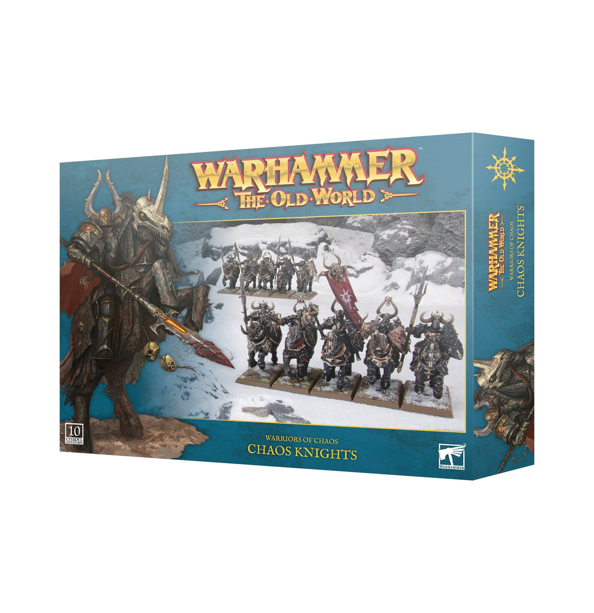 Teal Warhammer box shown from the front and right side, with artwork of horned armored riders and a snowy battlefield scene. The front reads “WARHAMMER THE OLD WORLD” and “WARRIORS OF CHAOS CHAOS KNIGHTS”; the side repeats the product name.