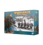 Teal Warhammer box shown from the front and right side, with artwork of horned armored riders and a snowy battlefield scene. The front reads “WARHAMMER THE OLD WORLD” and “WARRIORS OF CHAOS CHAOS KNIGHTS”; the side repeats the product name.