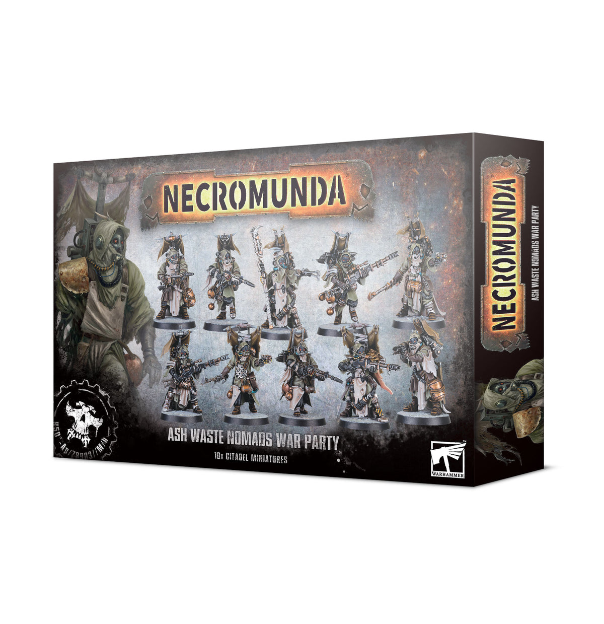 Necromunda: Ash Wastes Nomads War Party box shown at an angle, with artwork of ten ragged, masked miniature fighters carrying varied weapons. The front reads “NECROMUNDA” and “ASH WASTE NOMADS WAR PARTY”; the title also runs vertically on the right side.
