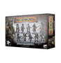 Necromunda: Ash Wastes Nomads War Party box shown at an angle, with artwork of ten ragged, masked miniature fighters carrying varied weapons. The front reads “NECROMUNDA” and “ASH WASTE NOMADS WAR PARTY”; the title also runs vertically on the right side.