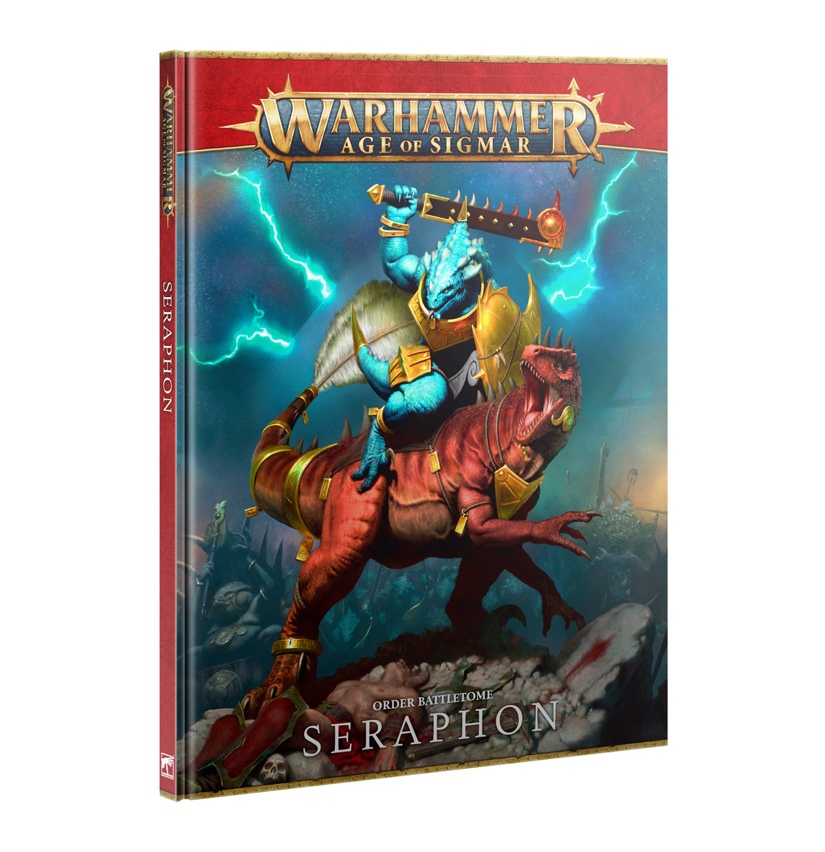 Battletome book shown at an angle with a red spine and cover art of a blue reptilian warrior in gold armor riding a red dinosaur amid turquoise lightning. The cover reads “WARHAMMER AGE OF SIGMAR” and “ORDER BATTLETOME SERAPHON.”