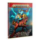 Battletome book shown at an angle with a red spine and cover art of a blue reptilian warrior in gold armor riding a red dinosaur amid turquoise lightning. The cover reads “WARHAMMER AGE OF SIGMAR” and “ORDER BATTLETOME SERAPHON.”
