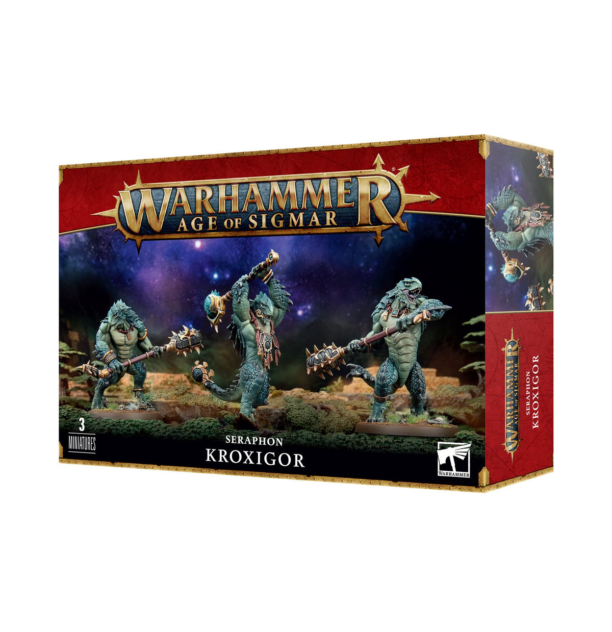 Box for Seraphon Kroxigor miniatures, with three blue-green reptilian warriors holding long spiked weapons on the front. Red, navy and gold packaging shows “WARHAMMER AGE OF SIGMAR,” “SERAPHON KROXIGOR” and “3 MINIATURES”; the right side panel is also visible.