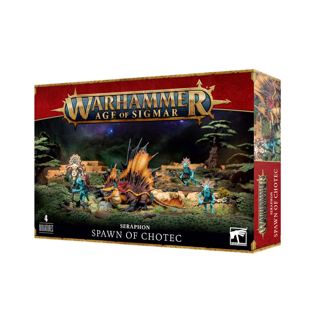 Box for a Seraphon miniature set, shown at an angle with the front and right side visible. Artwork shows an orange, spined salamander among several blue figures; the box reads “WARHAMMER AGE OF SIGMAR” and “SERAPHON SPAWN OF CHOTEC.”