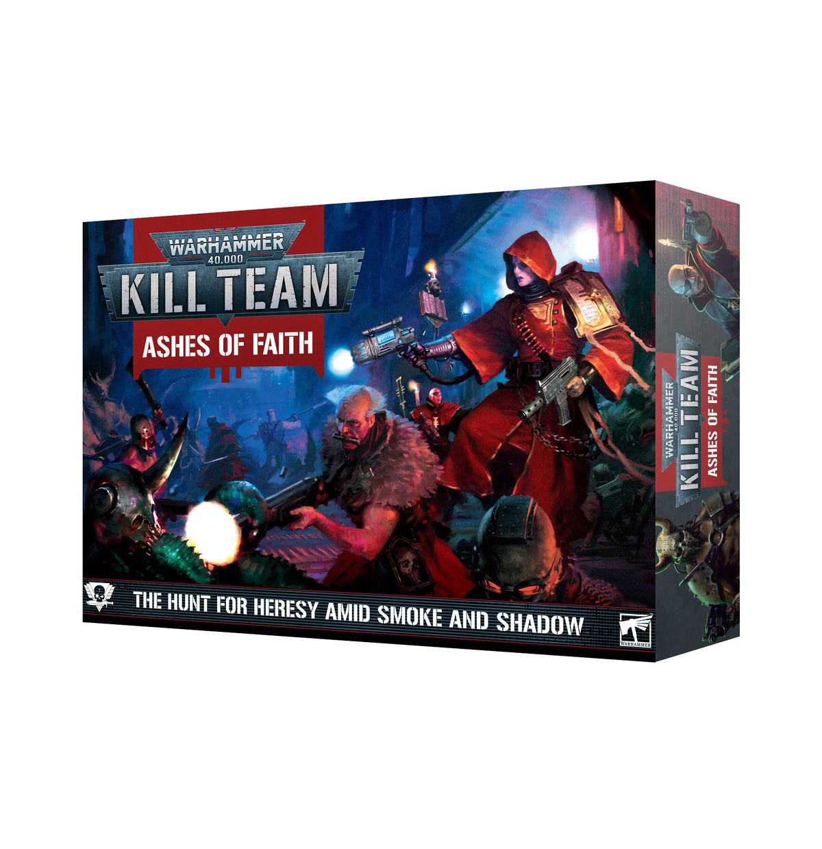 Warhammer 40,000 Kill Team: Ashes of Faith box, shown from the front and right side. The dark blue and red cover depicts a red-hooded armed figure amid a smoky battle; the front reads “KILL TEAM,” “ASHES OF FAITH,” and “THE HUNT FOR HERESY AMID SMOKE AND SHADOW.”