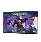 A stacked pack of Black Templars index cards, shown at an angle with a cover illustration of armored warriors against a purple battlefield. The cover displays “WARHAMMER 40,000,” “INDEX” and “BLACK TEMPLARS,” with a white cross emblem.