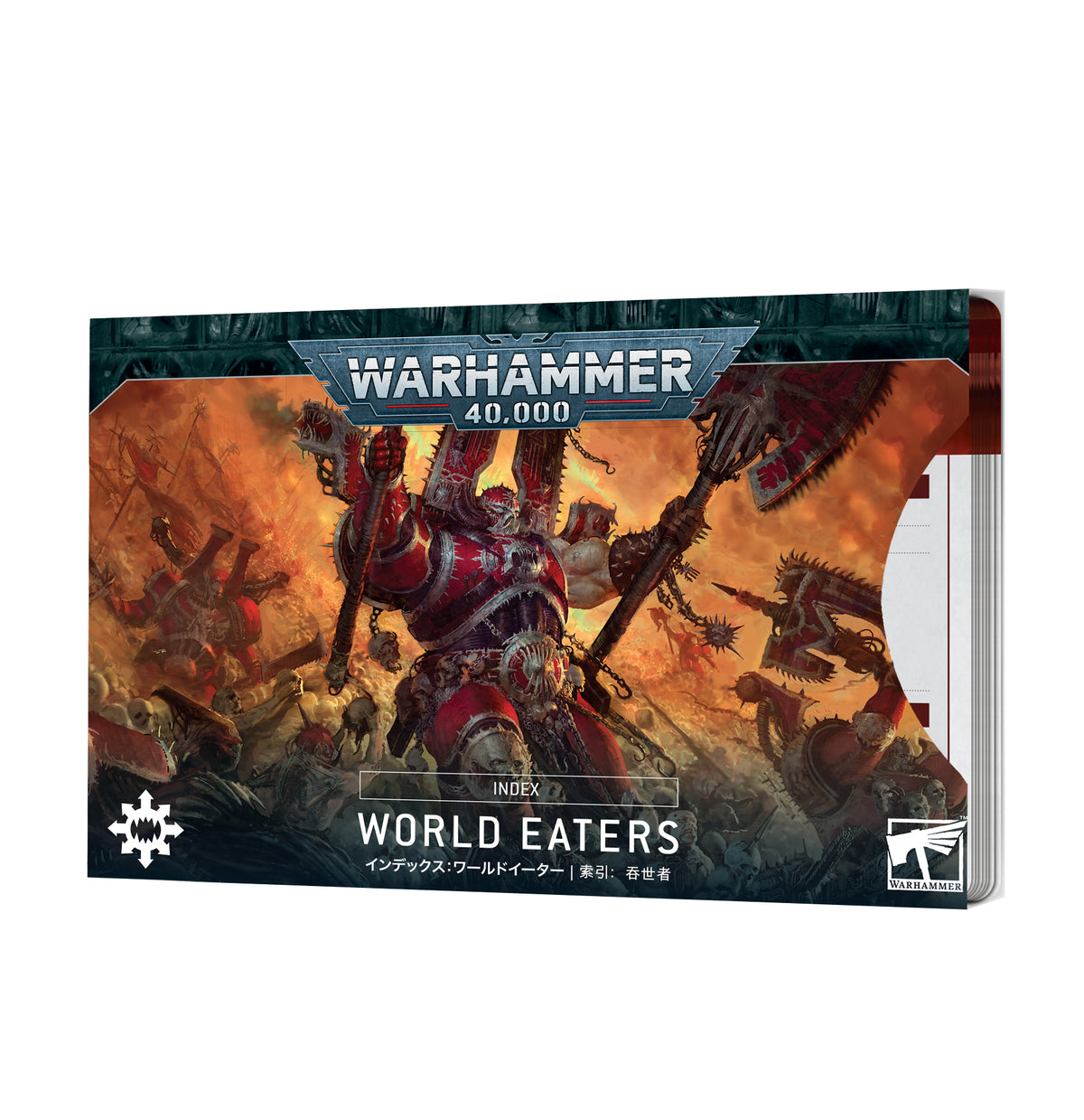 A rectangular World Eaters index card box shown from the front and slightly to the side, with battle artwork of armored fighters in red and dark armor against an orange, fiery background. The cover reads “WARHAMMER 40,000” and “INDEX WORLD EATERS.”