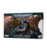 A box of Astra Militarum index cards shown at an angle, with card edges visible behind the front cover. The cover depicts armored soldiers in battle and reads “WARHAMMER 40,000” and “ASTRA MILITARUM.”