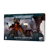 A boxed set of Adepta Sororitas index cards shown at an angle, with card edges visible on the right. The dark cover depicts armored warriors in battle and reads “WARHAMMER 40,000,” “INDEX,” and “ADEPTA SORORITAS.”