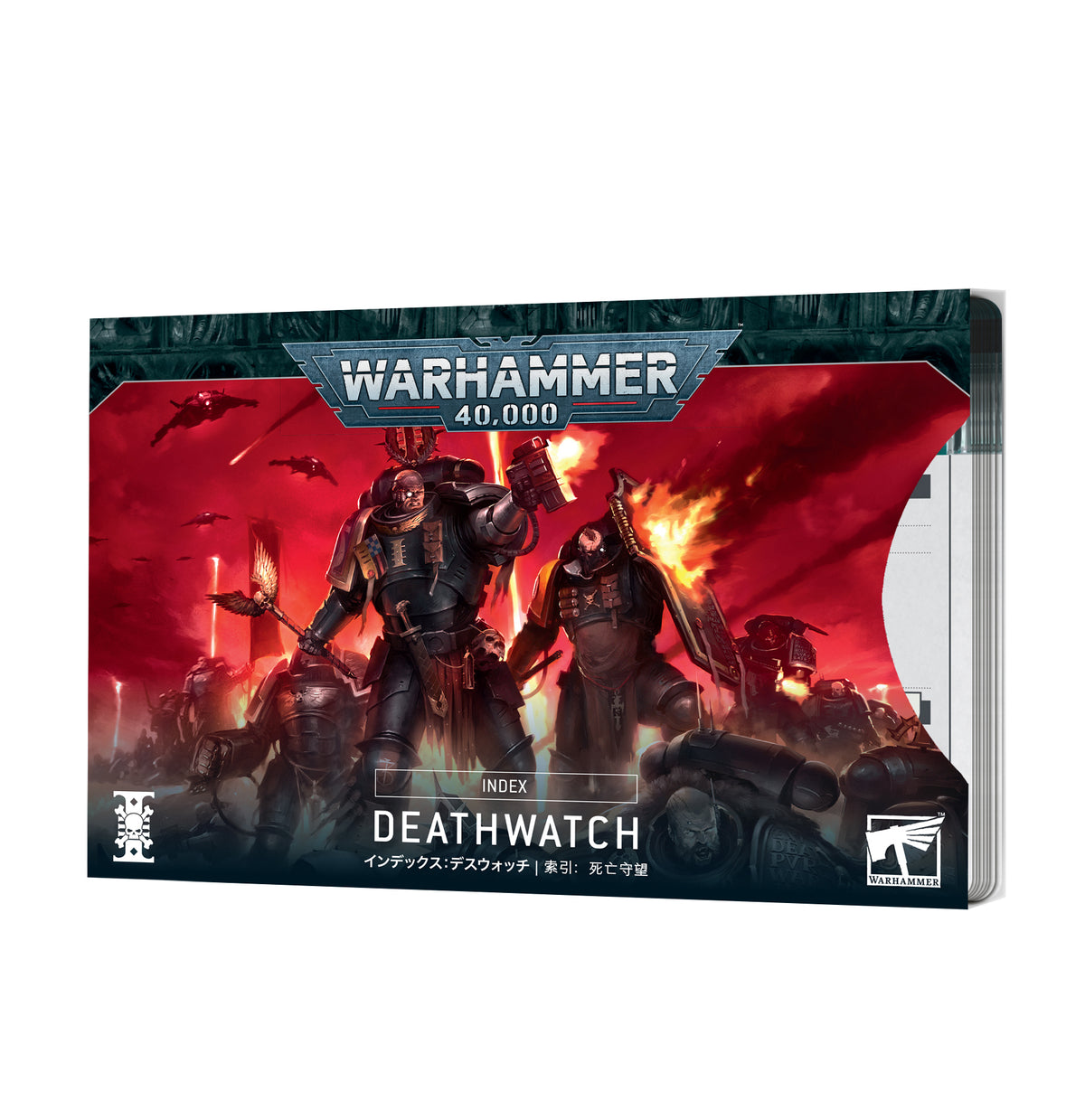 A box of Deathwatch index cards, angled to show the illustrated front and a stack of cards along the right edge. The cover shows dark-armored warriors against a red, fiery battlefield, with “WARHAMMER 40,000” and “INDEX DEATHWATCH” printed across it.