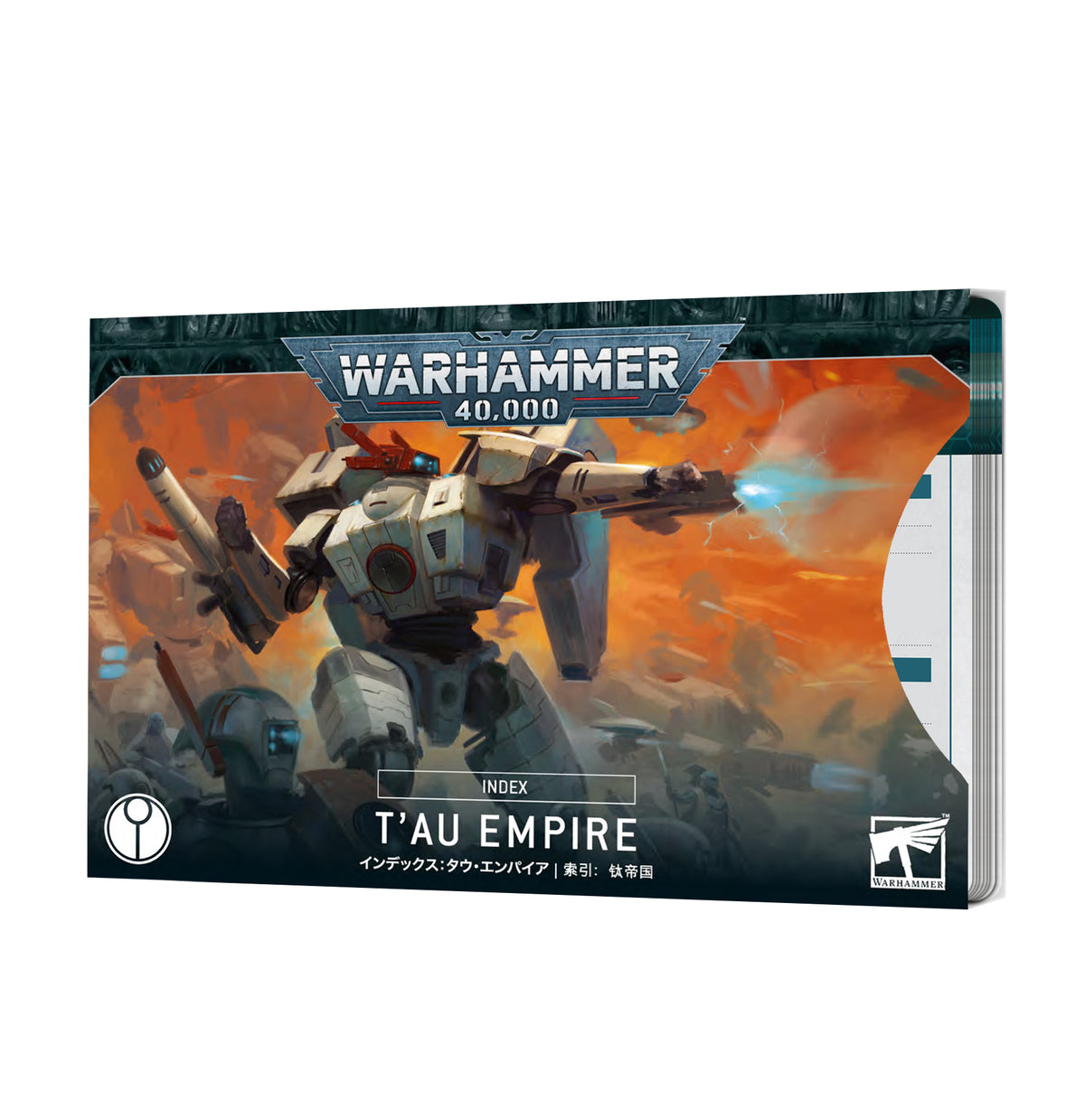 Box of T’au Empire index cards, shown from the front with a stack of cards visible along the right edge. The cover depicts a white-and-gray armored mech firing against an orange battlefield and reads “WARHAMMER 40,000,” “INDEX” and “T’AU EMPIRE.”