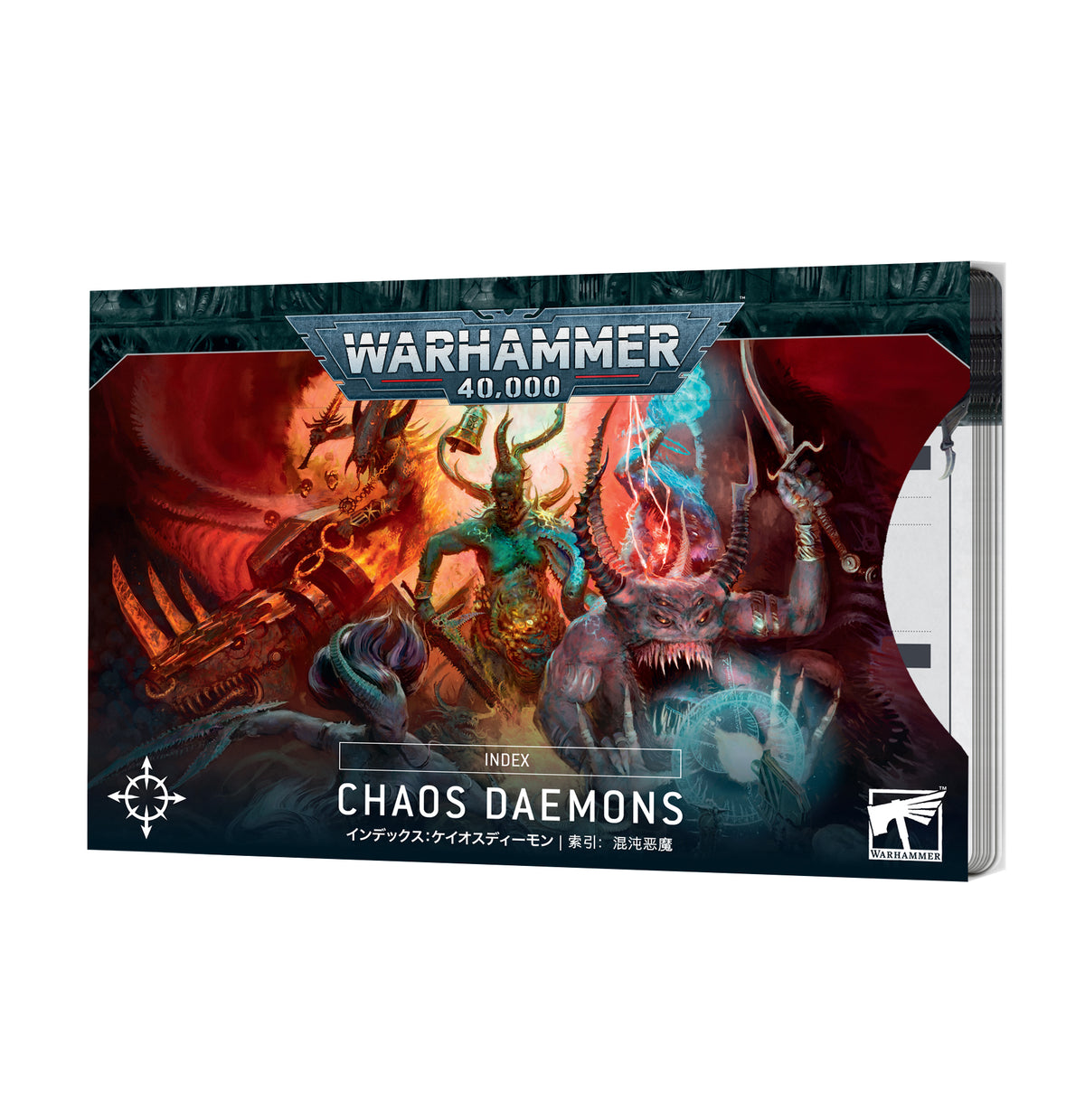 A thick stack of Chaos Daemons index cards is shown from the front, with colorful fantasy artwork of horned demons in red, teal and blue. The cover reads “WARHAMMER 40,000” and “CHAOS DAEMONS.”