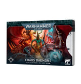 A thick stack of Chaos Daemons index cards is shown from the front, with colorful fantasy artwork of horned demons in red, teal and blue. The cover reads “WARHAMMER 40,000” and “CHAOS DAEMONS.”