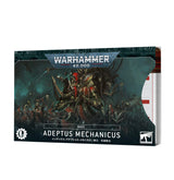 A boxed set of Adeptus Mechanicus index cards shown at an angle, with card edges and a white card with red markings visible behind the cover. The dark teal cover features a detailed sci-fi battle scene and the text “WARHAMMER 40,000” and “ADEPTUS MECHANICUS.”