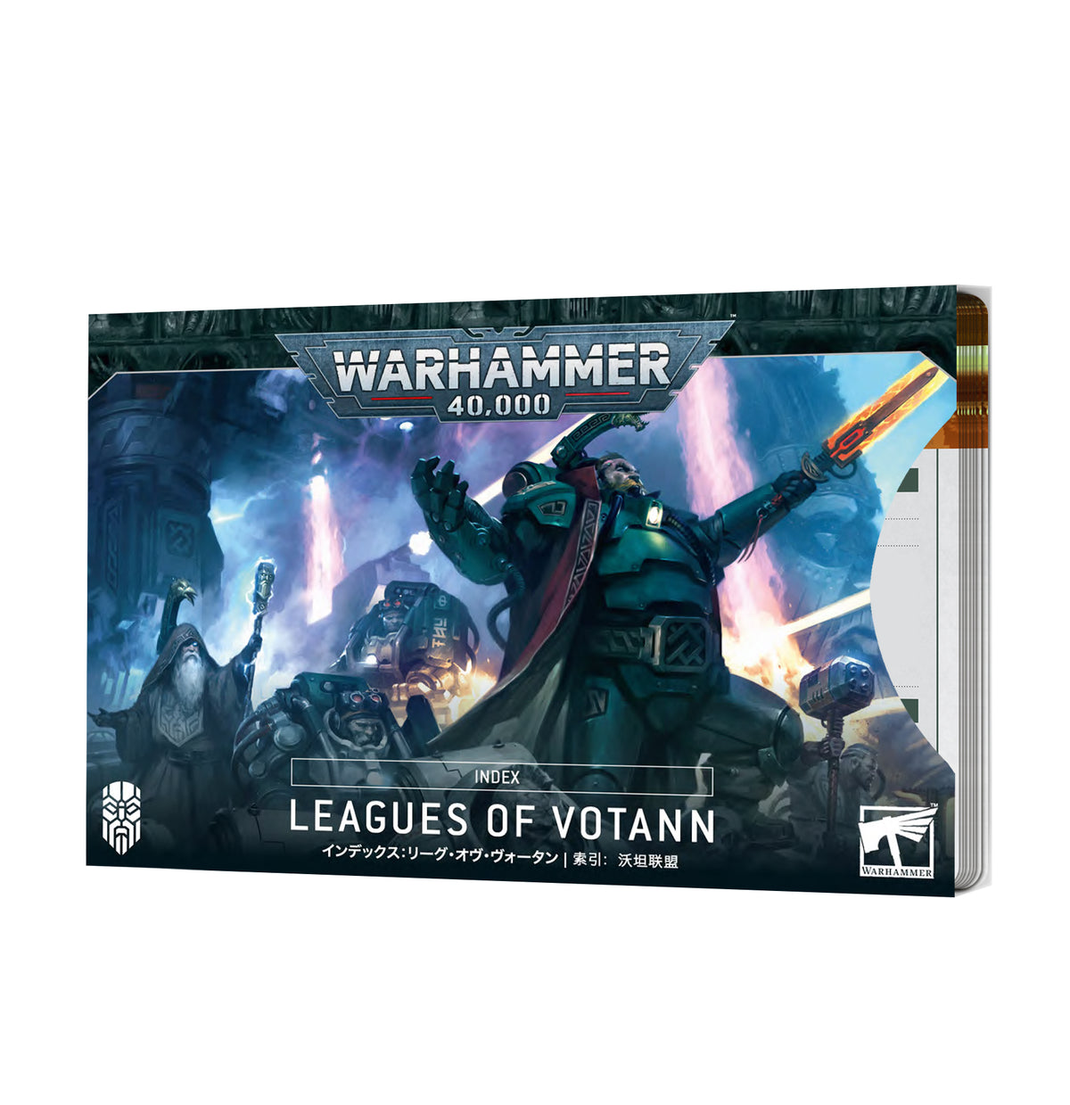 Leagues of Votann index cards in a horizontal box, shown at an angle with a stack of cards visible behind its right edge. The dark teal and blue cover depicts armored sci-fi warriors and reads “WARHAMMER 40,000,” “INDEX,” and “LEAGUES OF VOTANN.”