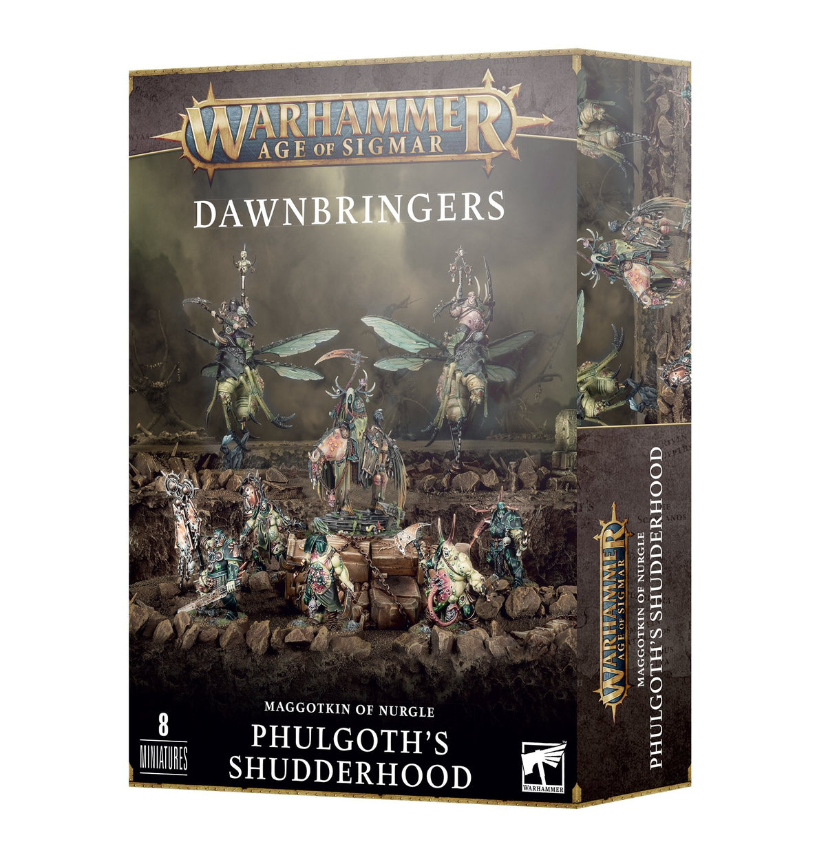 Boxed Warhammer miniature set with a dark, rocky scene of armored, grotesque figures and winged riders in muted green, pink and bronze tones. The front reads “WARHAMMER AGE OF SIGMAR,” “DAWNBRINGERS” and “PHULGOTH’S SHUDDERHOOD”; artwork continues on the right side.